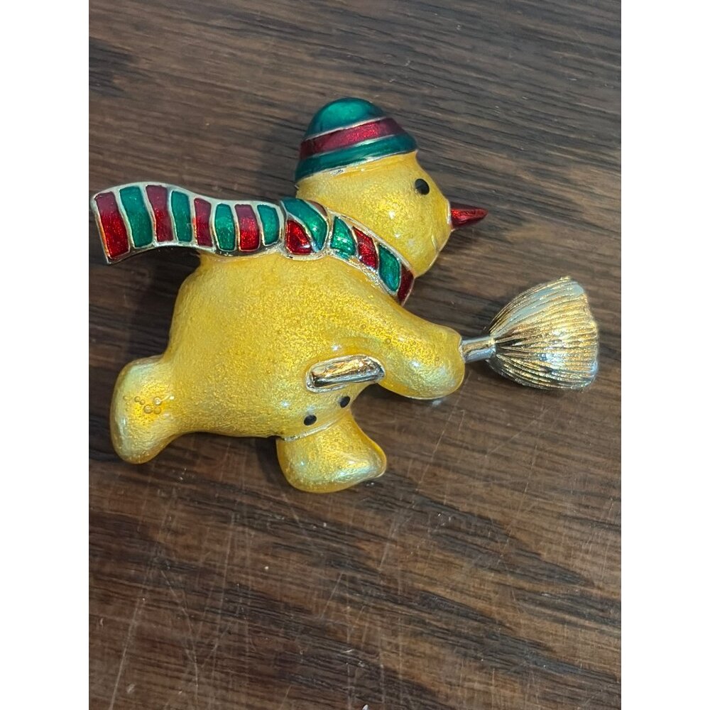 Carolee Vintage Snowman Enamel Brooch Pin With Red & Green Scarf Holding Broom